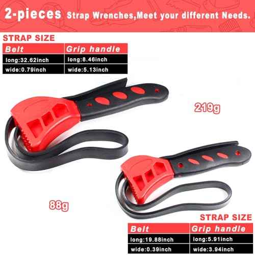 Utoolmart 2-Pack Strap Wrench Set, Rubber Strap Adjustable Wrench, Oil Filter Wrench Set, Jar Opener, Pipe Wrench, Water Filter Wrench, 24" and 20" Length Reinforced Rubber Belt (Red)