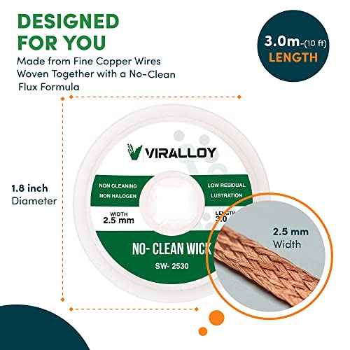 No Clean Solder Wick Braid 10ft Pure Copper Desoldering Wick Braid Remover Tool with Solder Flux Soldering Tools De Solder Sucker and Repair Electronic Components Width 0.1 inch - Pack of 1
