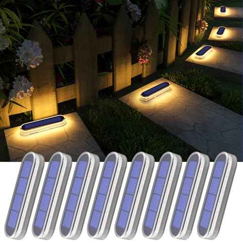 YiLaie Stick on Solar Step Lights Outdoor Waterproof, Small Solar Stair Lights Auto ON/Off for Deck Dock Driveway Mailbox Warm White (8 Pack)