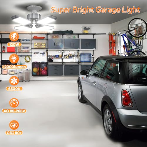 120W LED Garage Light 12000LM Deformable Panels, Screw-in Shop Lighting, 1 Pack