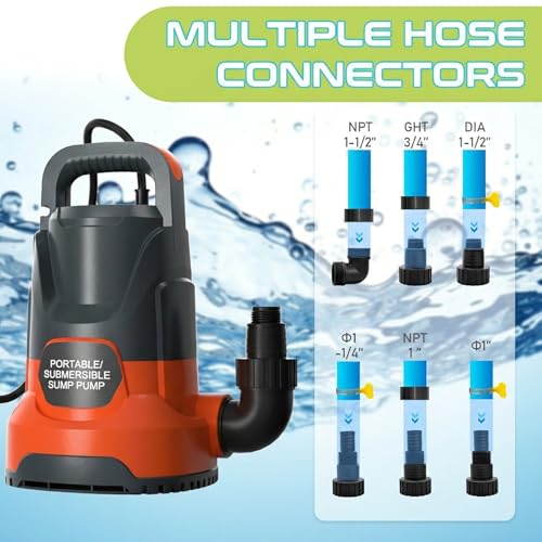 PANRANO 1.5HP Submersible Water Pump - Orange, 5600GPH Electric Sump Pump