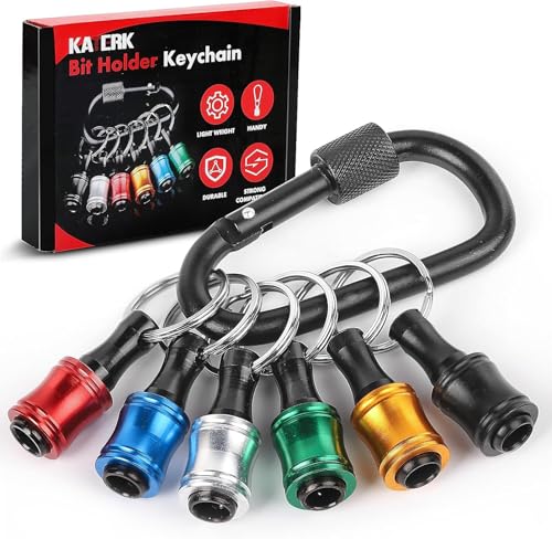Katerk 6pcs Black Aluminum Alloy 1/4 Inch Hex Shank Screwdriver Bit Holder Set with Carabiner - Portable Quick-Change Drill Adapter for Men