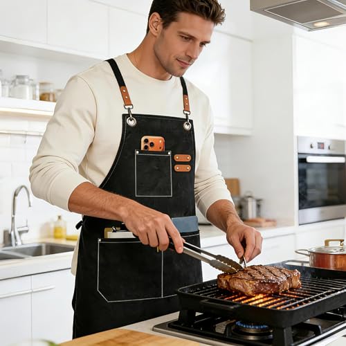 AFUN Black Cotton Chef Apron with Oversized Pockets, Heavy Duty Cross Back Design