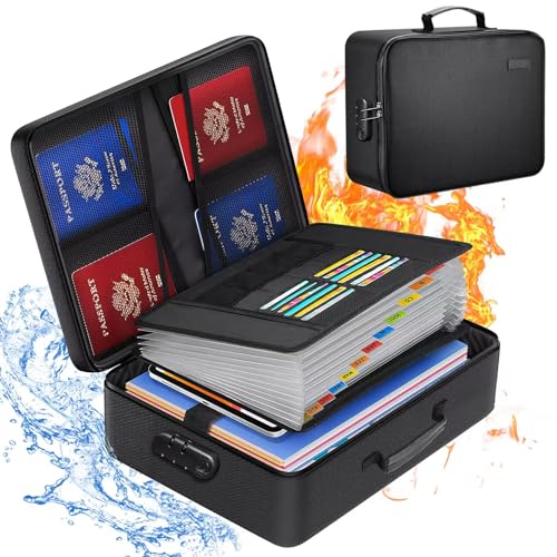 Fireproof Document Box with Lock,Waterproof Document Organizer with Zipper,Heat Insulated Accordion File Organizer,Portable File Box for Important Documents,Files,13 Pockets