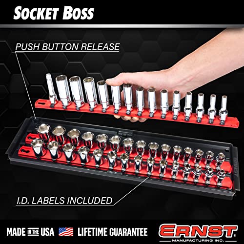 Ernst Manufacturing 18-Inch Socket Boss - Premium 3-Rail Multi-Drive (1/4", 3/8", 1/2") Socket Organizers w Twist Lock Clips, Socket Set Holder for 57 Tools - SAE & Metric - Red (8450) - Made in USA