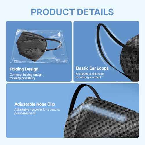 YUAKOU KN95 Protective Face Masks 50pcs, Breathable Comfortable, Disposable Individually Wrapped,5-Ply Protection KN95 Adults Mask Black
