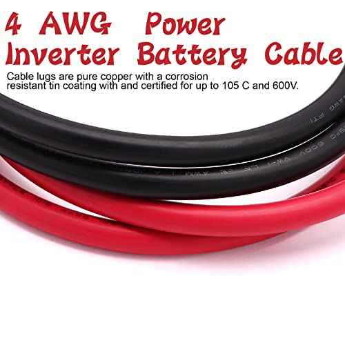 4 AWG Gauge Black Red Battery Power Tinned Copper Flexible Welding Cable Wire Marine Grade Boat Inverter 3 1/4 Feet with 3:1 Heat Shrink Tube and Lugs Terminal Connectors