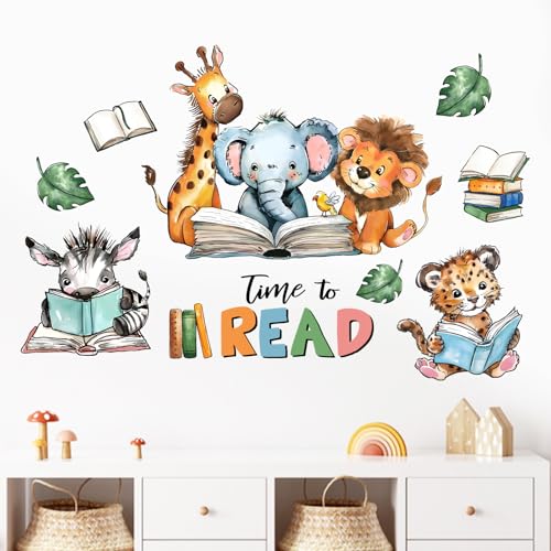 Mfault Time to Read Animal Book Wall Decals Stickers, Educational Elephant Lion Giraffe Nursery Decorations Classroom Bedroom Art, Zebra Leopard Plant Neutral Toddler Kids Reading Corner School Decor