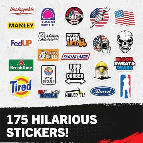 Funny Hard Hat Stickers for Men - 175pcs - Hard Hat Accessories for Men - Blue Collar, Construction, Helmet, Laptop, Water Bottle, Cars, Tool Box Accessories - Cool Stickers for Adults