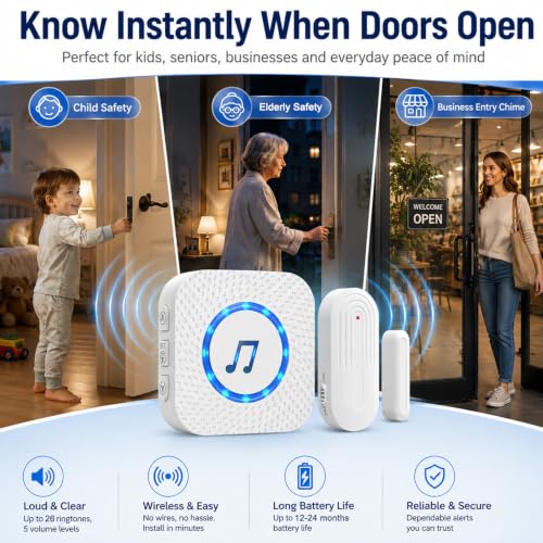 Sanjie Wireless Door Chime Kit with 4 Sensors & 1 Receiver, 800ft Range, 55 Ringtones, Adjustable Volume