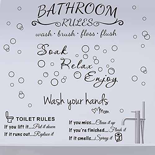 4 Pieces Bathroom Wall Decals Sticker Toilet Rules Soak Relax Enjoy Bathroom Rules Wash Your Hands Love Mom Wall Quote Saying Stickers Vinyl Art Decor for Home Restroom (Black)