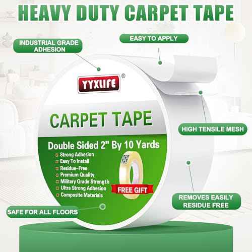 YYXLIFE Double Sided Removable Rug Tape - Carpet Adhesive for Hardwood Floors,Non Slip Anti Curling Floor Tape for Area Rugs,Mats,Carpets - No Residue Strong Hold for Tile, 2Inch x 10Yards,White