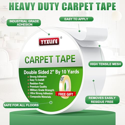 YYXLIFE Double Sided Carpet Tape 2-Inch x 10 Yards Heavy Duty Rug Adhesive