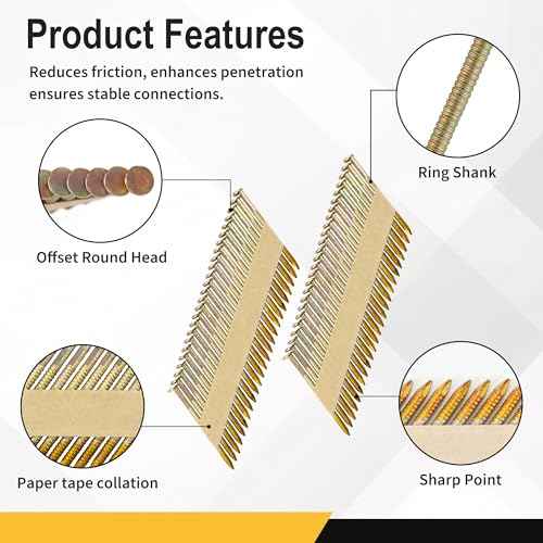 meite 30 Degree Framing Nails 2-Inch x .113 Inch, Ring Shank, Electro-Galvanized Coated, Paper Tape Collated, Offset Round Head Framing Nails for 30-34 Degree Framing Nailers (1,000 Counts)