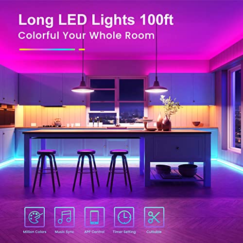 TJOY 100ft RGB LED Strip Lights with Bluetooth App & Remote for Bedroom, Party, Kitchen