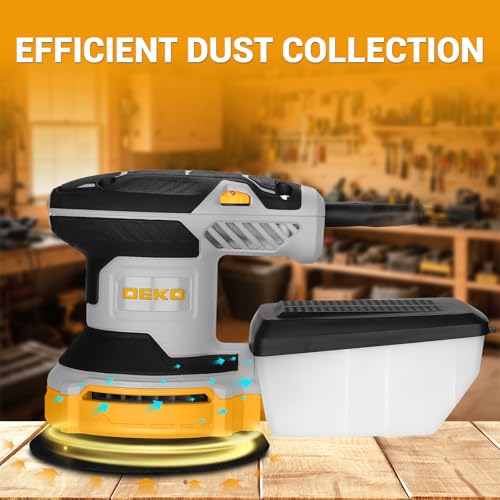 DEKOPRO 5-inch Yellow Random Orbital Sander with Dust Box, 6 Speeds, 16 Sandpapers for Woodworking & Metal Sanding