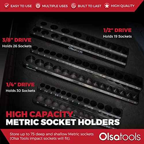 Olsa Tools Magnetic Socket Organizer | 3 Piece Socket Holder Kit | 1/2-Inch, 3/8-Inch, & 1/4-Inch Drive | Metric Black | Holds 75 Sockets | Professional-Grade