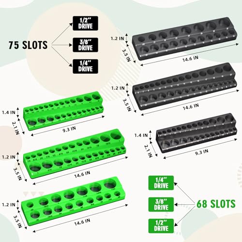 Magnetic Socket Organizer Holder Set For Tool Box Drawer, Toolbox Organization Including 1/4", 3/8" and 1/2" Drive Metric SAE Socket Trays (Sockets are not Included)