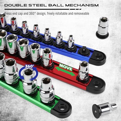 SEDY 9-Piece Aluminum Magnetic Socket Organizer Set - Holds 120 Sockets, Detachable Rails for 1/4, 3/8, 1/2 Sizes, Blue/Red/Green