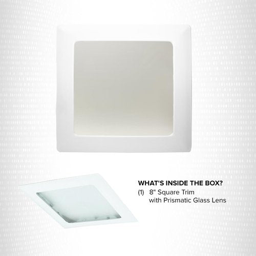 ELCO Lighting 8" Square Trim with Prismatic Glass Lens, Recessed Ceiling Light Cover, 42W, E26 Base, White Finish