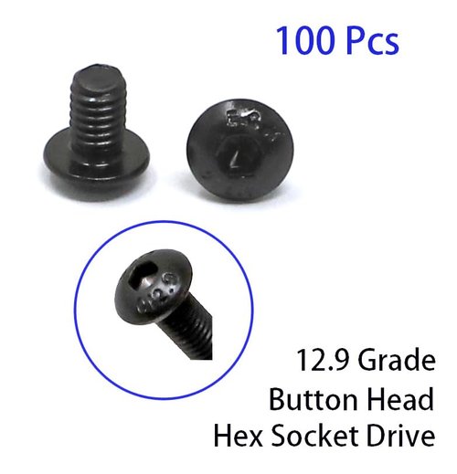 iexcell 100 Pcs M4 x 6mm Thread Pitch 0.7 mm Alloy Steel 12.9 Grade Hex Socket Button Head Cap Screws Bolts Kit, Black Oxide Finish