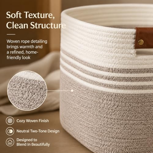 ordnestidy White Brown Cotton Rope Laundry Basket 15.4GAL, Collapsible Rectangular Hamper