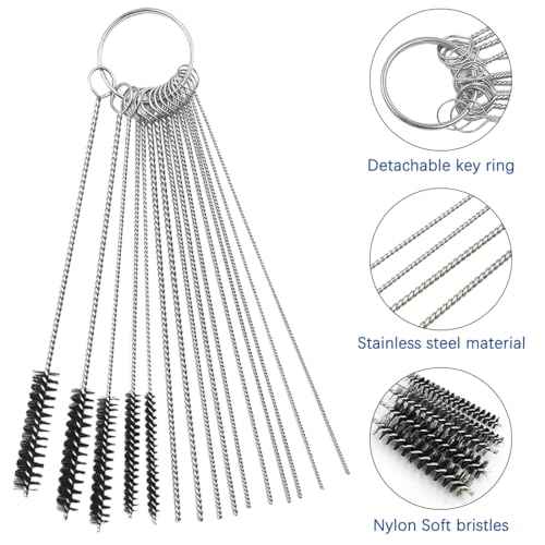 6 Pieces Brass Bore Brush in Different Sizes + 15 Pcs Cleaning Needles Nylon Brushes Tools, Twisted Wire Brush with Handle 1/4 Inch Hex Shank Attachment Drill Set for Tubes Ports Bearings