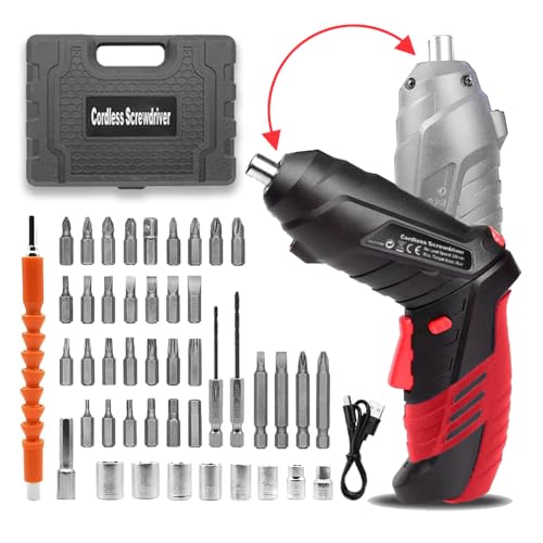 AFNZTME Red Cordless Power Screwdriver Kit with 46 Bits, LED Light, Pistol Handle
