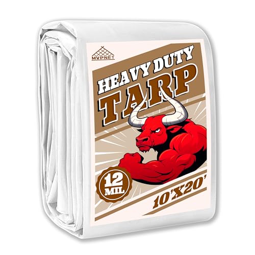 MVPNET 10x20 Feet Waterproof Heavy Duty UV Resistant White Tarp - 12mil