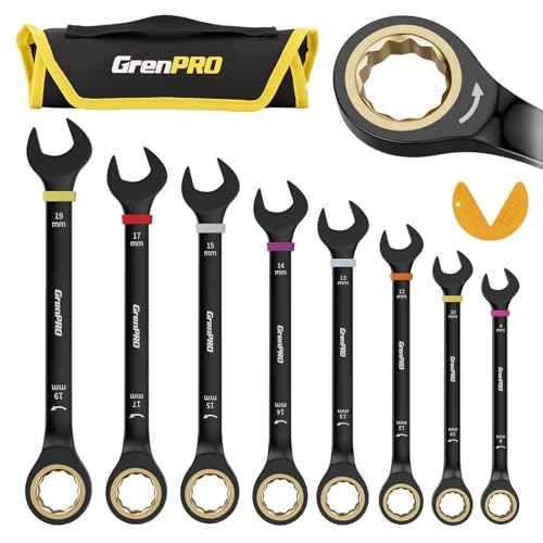Ratcheting Wrench Set Metric And Standard, 9PC 8-19 mm 72Th Long Big Box Open End Ratchet Wrenches Organizer With Color Ring With Roll Up Pouch With 1 Gauge, Large Combination Wrench Tool Sets