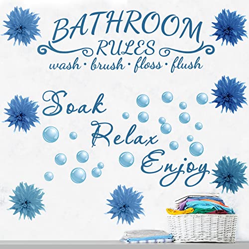Zonon 2 Pieces Bathroom Wall Decals Sticker Soak Relax Enjoy Toilet Rules Vinyl Quote Wall Decor for Home(Flower Style,Blue)