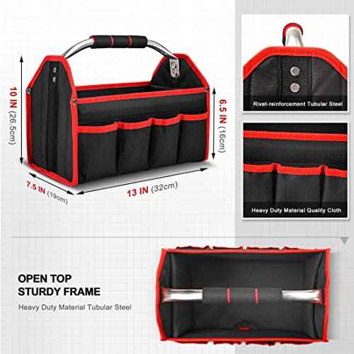 HAUTMEC 13 Inch Tool Bag, Foldable Open Top Tool Tote with Stiff Frame, 8 Pockets, Water-Resistant Molded Base & Padded Handle, Portable Electrician Tool Organizer for DIY & Jobsite Use ? TB0001