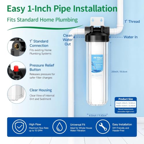 Whole House Water Filter Housing with 1 PP Filter, 20"x4.5", 1" NPT