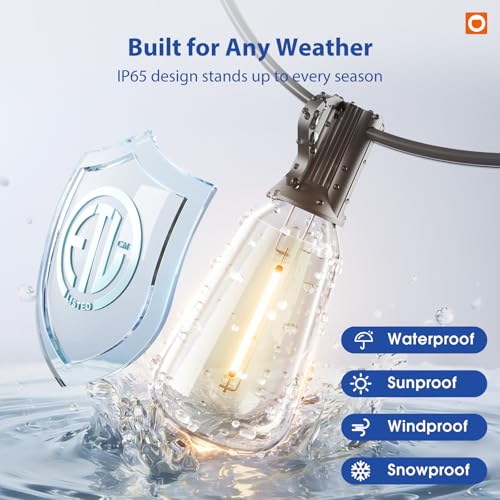 addlon 100FT Outdoor String Lights with 30 Sockets, Waterproof Dimmable LED with Remote