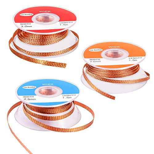 Solder Wicks, 3 Pack No-Clean Solder Braided Wicks Desoldering Wicks For Solder Removal Tool, 0.12/0.1/0.08 Inch Width 1.5 Meter Length