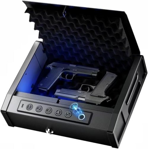 Biometric Gun Safe for Handguns - Quick Access Fingerprint Safe with Backlit Keypad, Interior Light, Secure Pistol Lock Box for Nightstand & Car