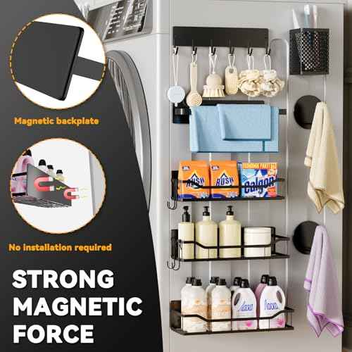 8 Pack Magnetic Shelves for Washing Machine / Hanger Organizer, Tool Holder, Heavy-Duty Metal Magnetic Spice Racks, Space Saving Shelf for Home Kitchen Closet & Laundry Room Organization (Black)