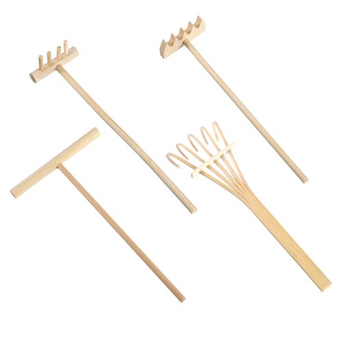 Nogeqi 4 Pack Mini Rake Bamboo Zen Garden Tools, Small Sand Rake, Mini Garden Tools, Rock Zen Garden Accessories for Home Office Tabletop Decor (4 Style)