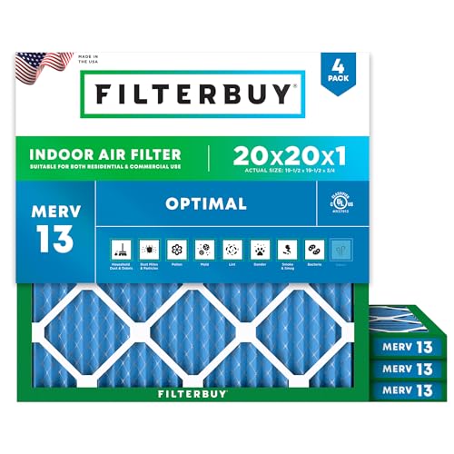 Filterbuy 20x20x1 MERV 13 Air Filter - Smoke & Allergy Defense, 4-Pack