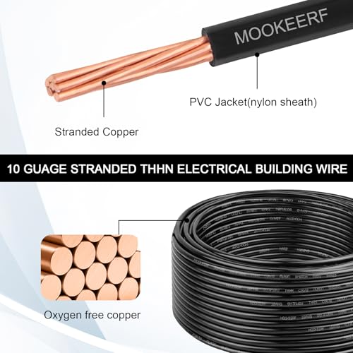 MOOKEERF Black 10 Gauge 50FT THHN Copper Building Wire 600V - Flexible Nylon Jacket