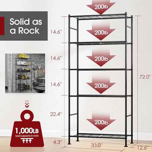 Storage Shelves - 5 Tier Shelf Organizer, Heavy Duty Garage Shelving Unit with Leveling Feet, Stable Metal Shelves Organizer for Pantry, Kitchen and Closet, 33.0" W x 12.6" D x 72.0" H, Black