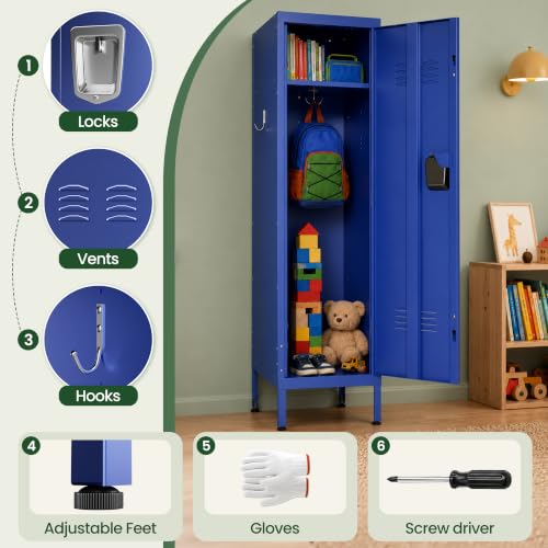 Blue Metal Employee Locker with 1 Door & Hooks - Heavy-Duty Storage for Gym, Office, School