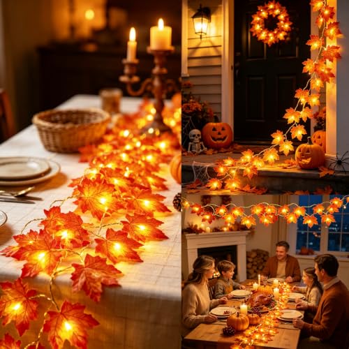 TURNMEON 3 Pack 30FT Maple Fall Garland with Lights & Timer - Halloween & Thanksgiving Decor