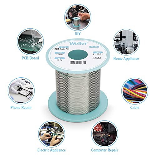 Weller WSW SnPb (T0051403199) Solder Wire, Dia: 0.8 mm / 0.039 in, Wt: 100 g / 3.527 oz, Alloy Sn60Pb40, Flux content 2.2%
