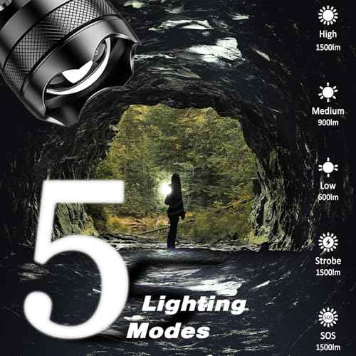 ISUNMEA Rechargeable Strong Flashlight, Zoomable LED Powerful Flashlights 1500LM High Lumens w/ 5 Modes Waterproof Handheld Flash Light for Emergencies Outdoor Camping Hiking Home Power Outage 1-Pack