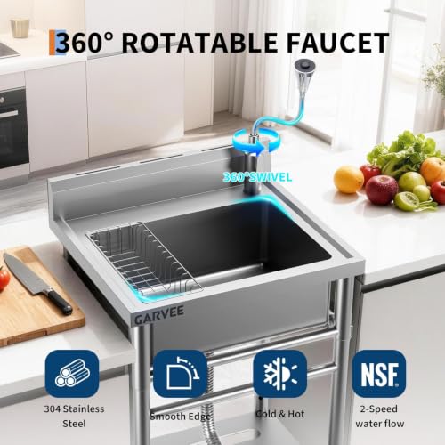 GARVEETECH 22x20x39 Inch Stainless Steel Deep Single Bowl Sink with Rotating Faucet & Adjustable Rack
