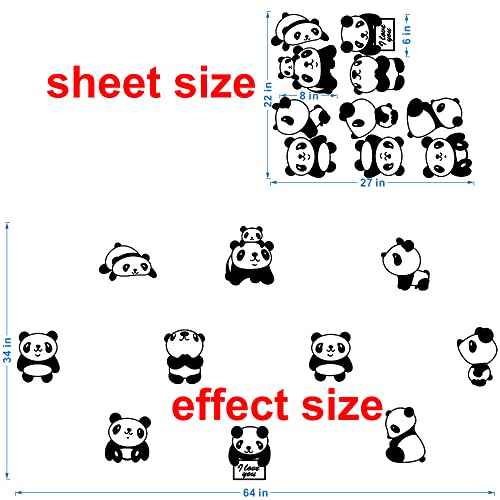 10 pcs Cute Small Panda Wall Decal Sticker Nordic Style Cute Animal Vinyl Wall Stickers for Kids Room Baby Room Nursery Wall Decor Effect Size 34"x64"inch (black-JWH265-Panda)