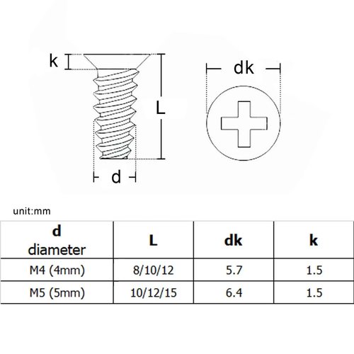 100X Black Silver KB4*8/10/12mm KB5*10/12/15mm PC Case Cooler Cooling Fan Flat Countersunk Phillips Head Mount Screw Computer A TREXCFGH(Black,M4x8mm)