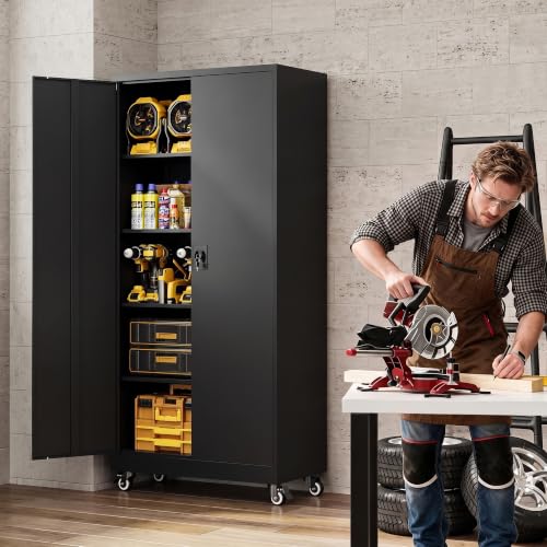 LISSIMO 74.5'' Rolling Garage Storage Cabinet with Locking Doors, 31.5W x 15.7D x 74.5H, 4 Adjustable Shelves
