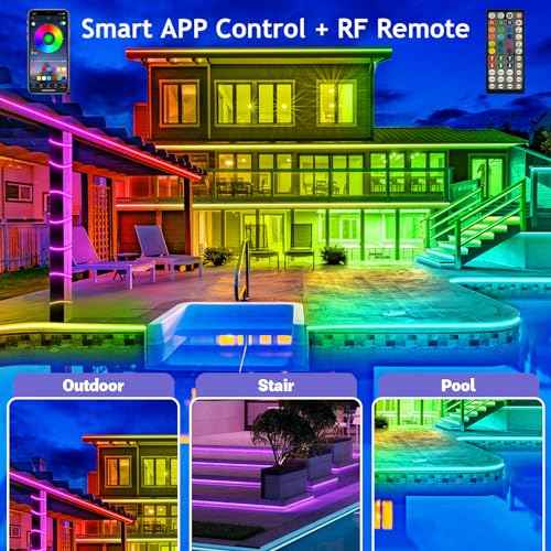 Outdoor LED Strip Lights Waterproof,IP68 Outside Led Light Strips Waterproof with Bluetooth App Remote Control,Music Sync RGB Exterior Led Rope Lights,for Balcony,Deck (150ft Outdoor LED Strip Lights)